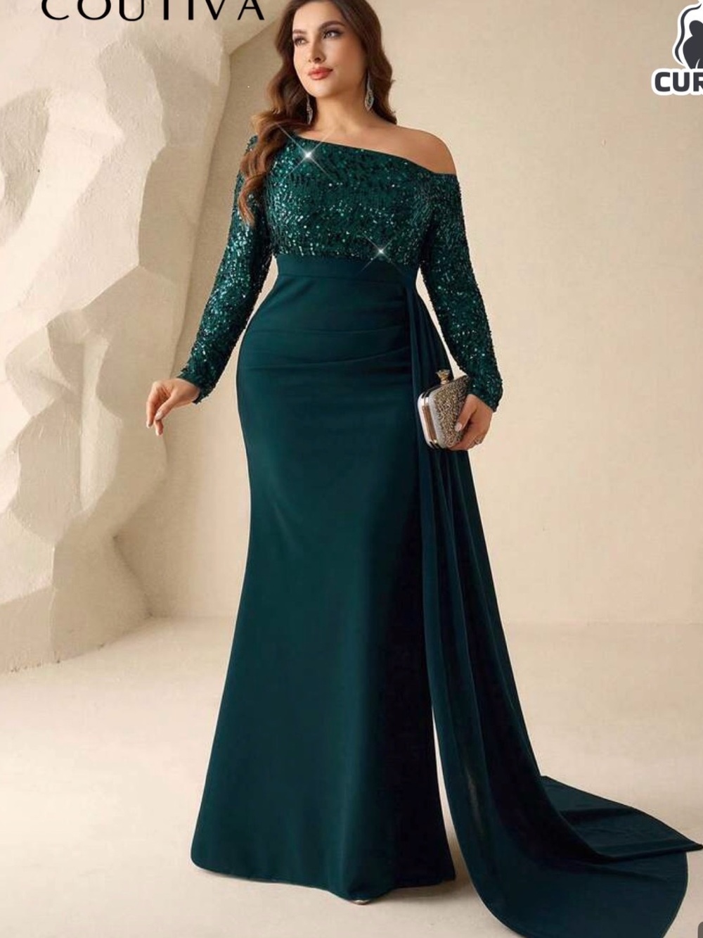 Emerald Green Off-Shoulder Sequin Gown